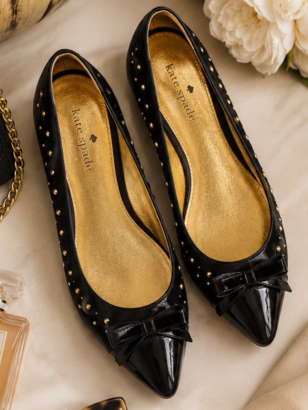 Kate Spade Black Studded Bow Flats✨ Gold Detail Pointed Toe Classic Luxury - Picture 3 of 7